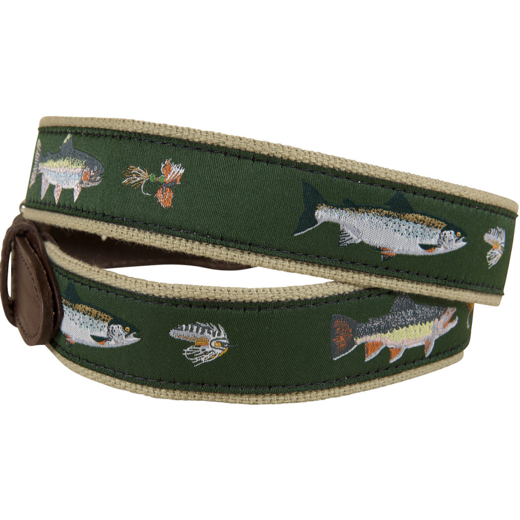 Belted Cow Freshwater Fish &amp; Flies Leather Tab Belt