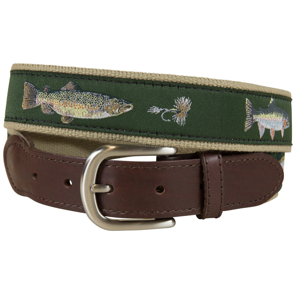 Belted Cow Freshwater Fish &amp; Flies Leather Tab Belt