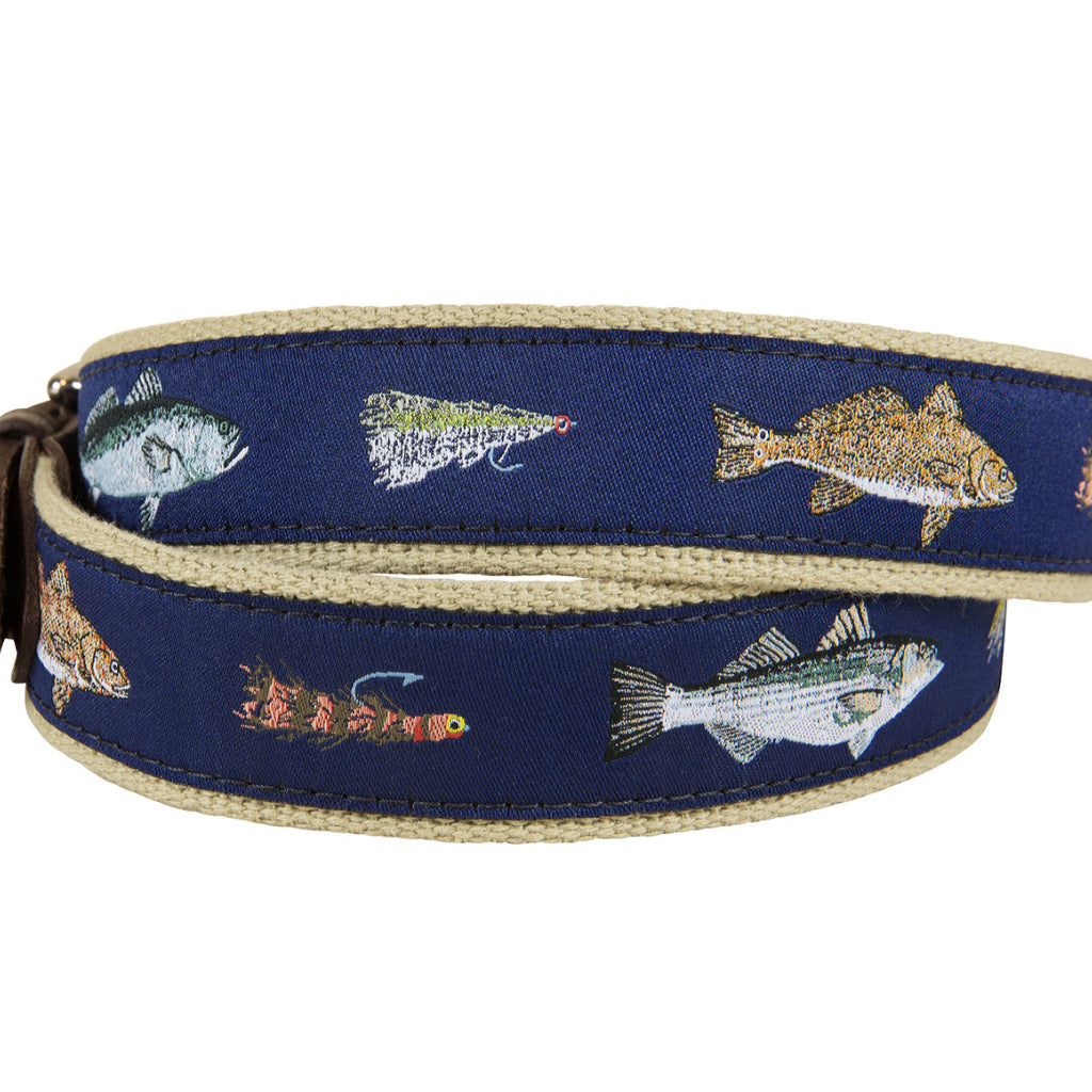 Belted Cow Saltwater Fish &amp; Flies Leather Tab Belt